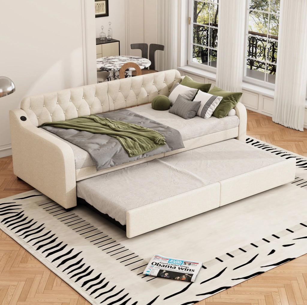 Divanoletto 90x200 cm con letto estraibile e presa USB, tessuto beige