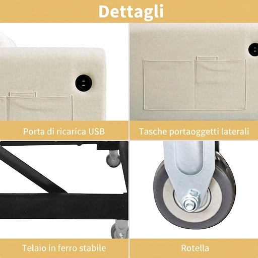 Divano Letto 2 Posti 3 in 1 Trasformabile 142 cm con Schienale Regolabile; USB e Tasche; Lino Beige