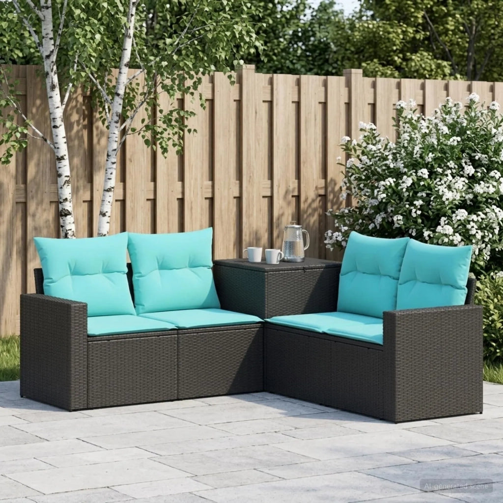 Set di divani 5 pz Nero e Blu Rattan sintetico e Acciaio 3447850