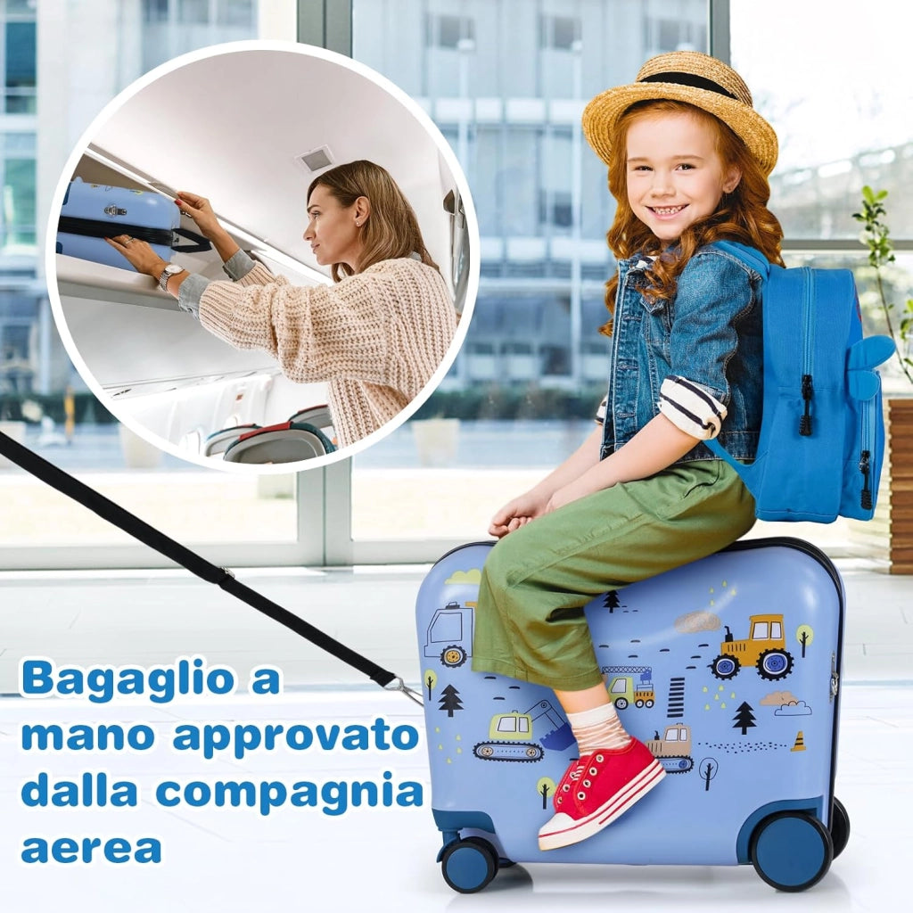 Valigia Cavalcabile per Bambini, 18" Valigia+ 12" Zaino,2 Pezzi, Trolley Bambini Bagaglio a Mano con Ruote Girevoli e Maniglia Retrattile, 2 Cingie Multiuso (Modello 9)