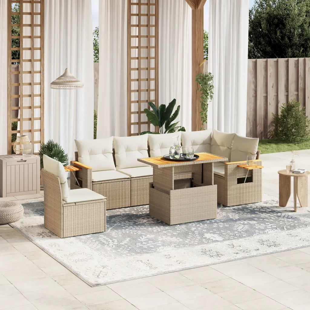 Set Divani da Giardino 7 pz con Cuscini Beige in Polyrattan