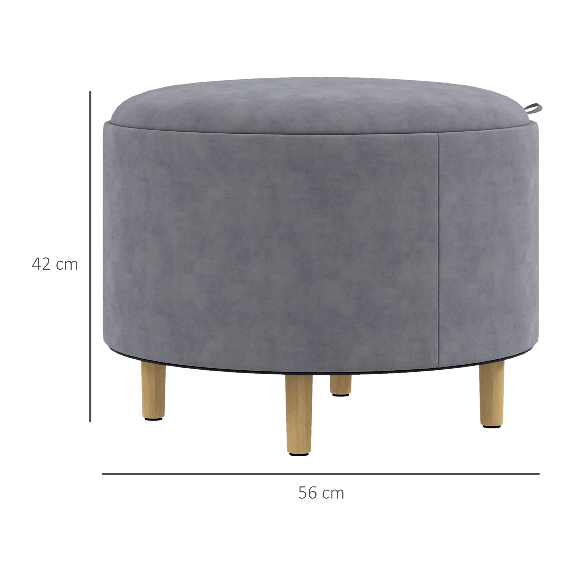 Pouf Contenitore Vellutato da 120 kg max 56x56x42 cm con Vassoio a Ribalta in MDF e Rovere Grigio