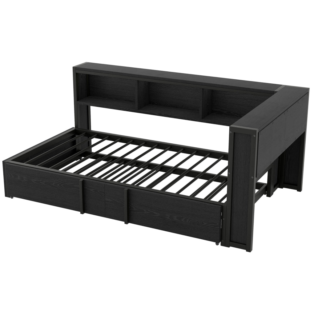 Letto da giorno 90x200 cm con letto estraibile; LED e prese USB in MDF e metallo nero