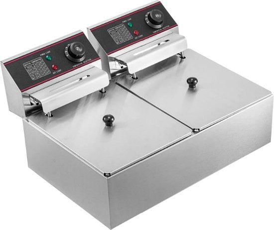Friteuse Professionale a Doppio Forno - 2x 6L - 12L - 2x 2500W - 220V - Impianto di Accensione Indipendente - Frittoia - Piastra Frittrice - Incluso Spiedo per Frittelle e 5 Spugne da Pulire