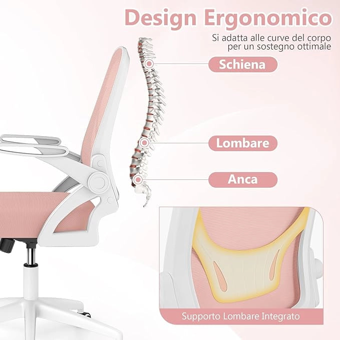 Sedia da Ufficio in Rete, Sedia da Scrivania Ergonomica con Supporto Lombare e Braccioli Ribaltabili, Sedia da Lavoro Girevole, con Ruote Regolabile in Altezza, Portata 150 kg