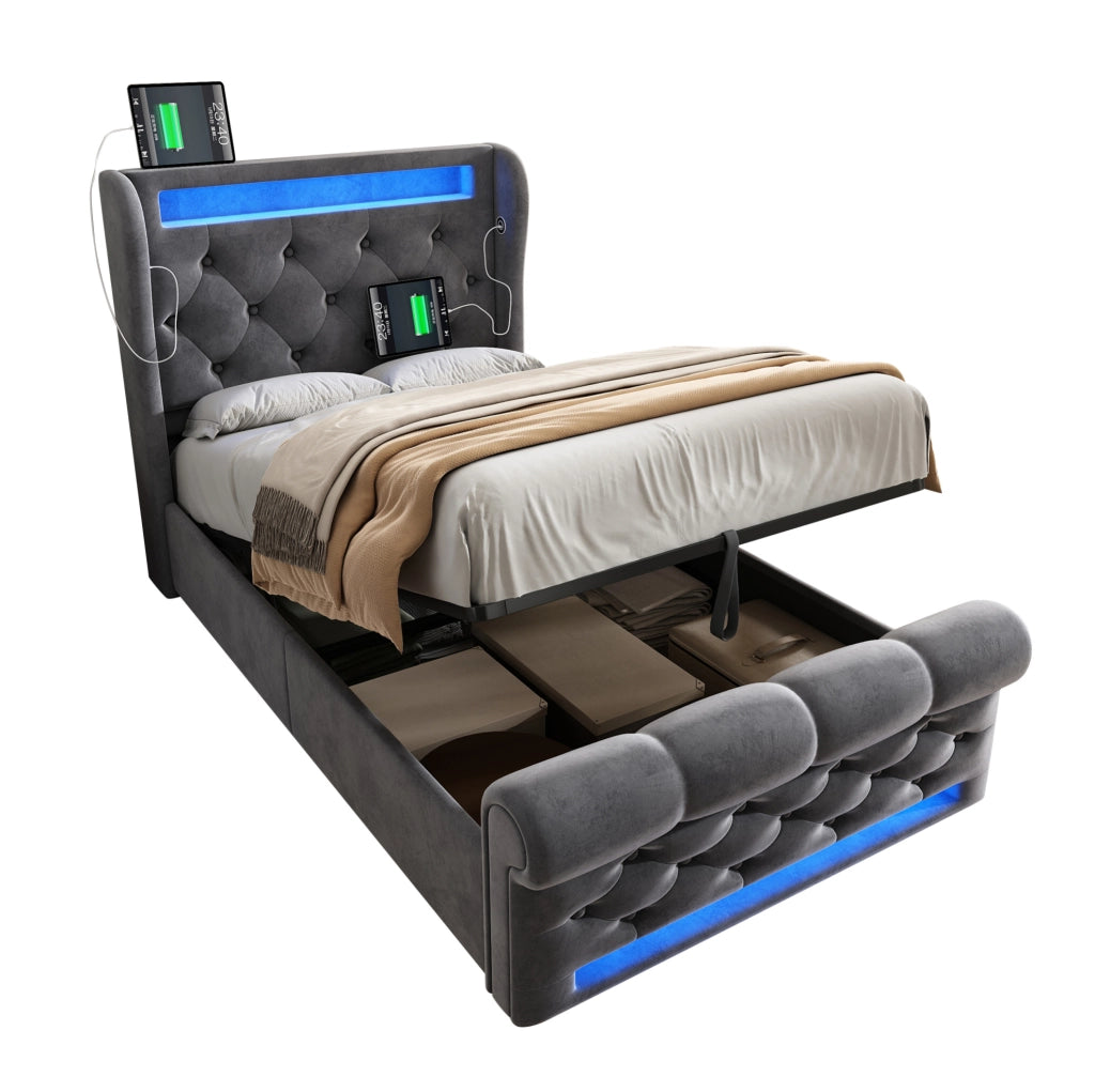 Letto contenitore imbottito ULEVR 90x200 cm con LED, USB e Type-C, rivestimento in velluto grigio