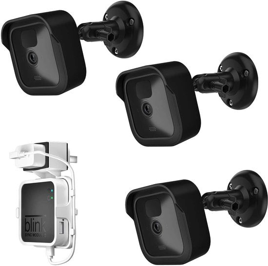Montaggio per camera esterna Blink, supporto regolabile 360° e copertura impermeabile con modulo Blink Sync 2-Plug per fissaggio alla parete per la sicurezza esterna e interna (nero, 3 pezzi)