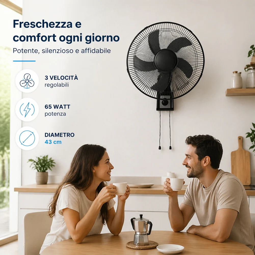 Ventilatore da Muro Ø43 cm Raffrescatore Silenzioso 65W 3 Velocità Installazione a Parete in Metallo Nero