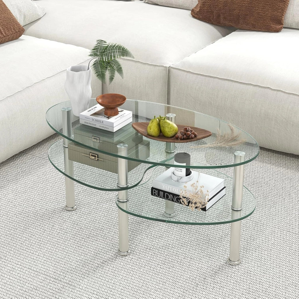 Tavolino da salotto in vetro temperato, tavolino ovale con 3 ripiani in vetro e gambe in acciaio inox con poggiapiedi, elegante tavolo da soggiorno per ufficio e casa, 89 × 49 × 45 cm