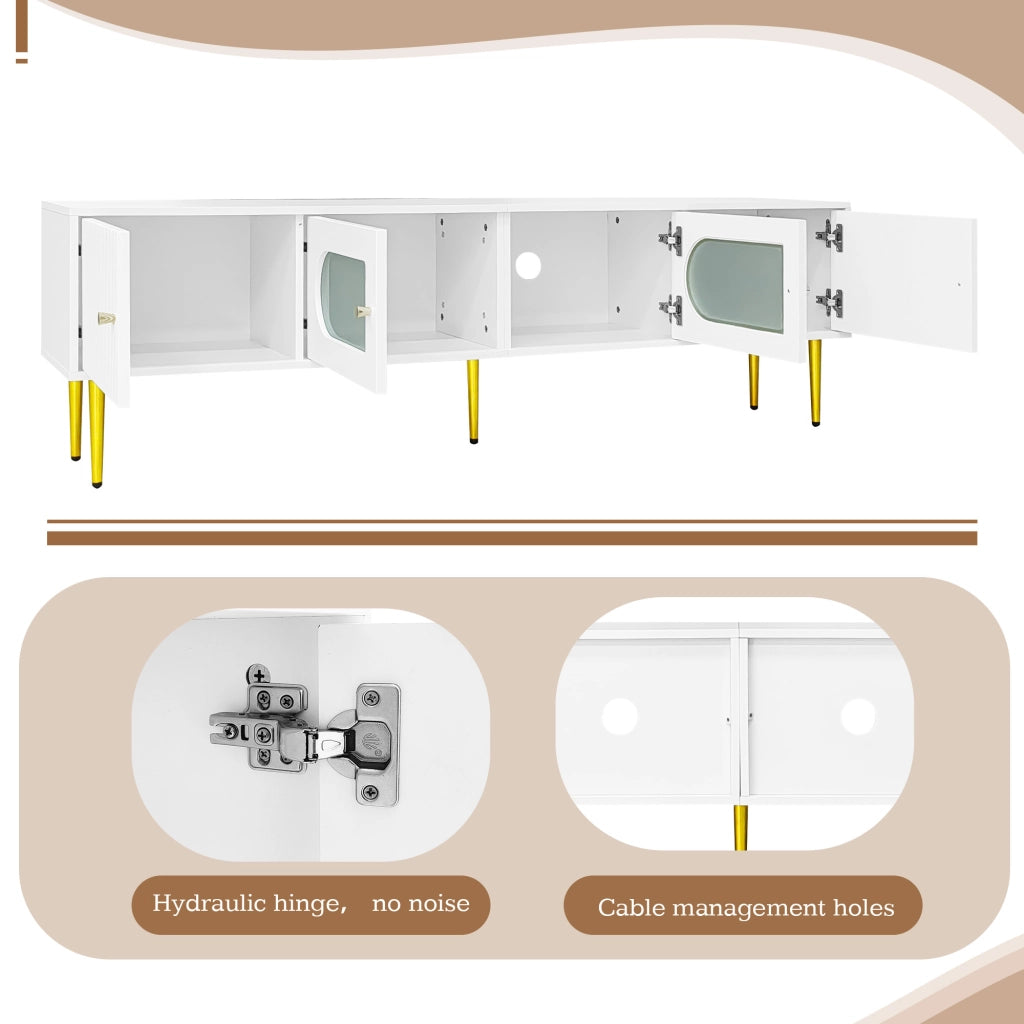 Mobile porta TV con 4 ante, 2 vani con vetro arcuato e 2 fori passacavi, per soggiorno, truciolato bianco, 170 × 35 × 50 cm
