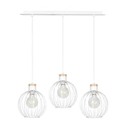 Lampadario 3 Luci Morgana Paralumi A Gabbia In Acciaio Bianco E Legno Naturale