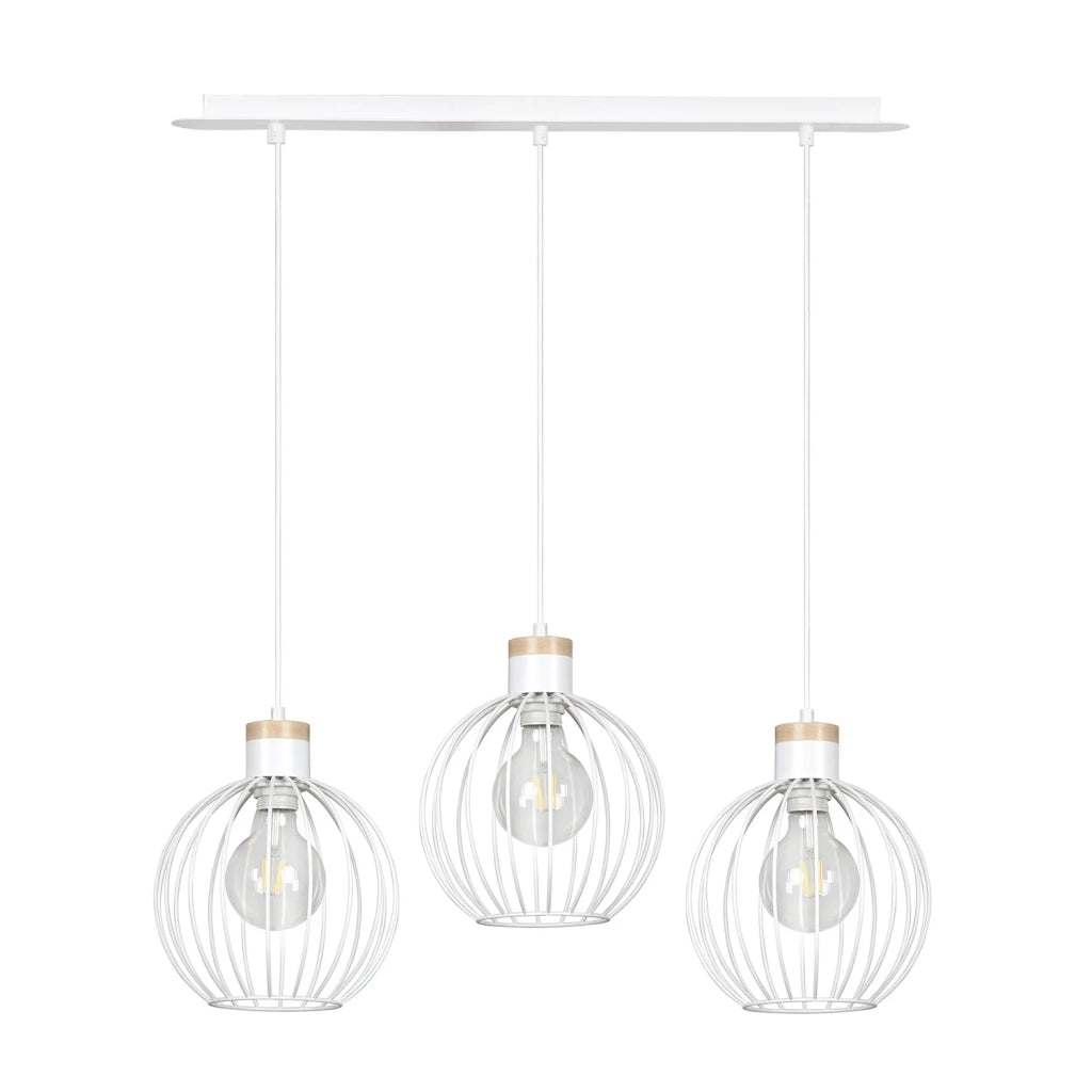 Lampadario 3 Luci Morgana Paralumi A Gabbia In Acciaio Bianco E Legno Naturale