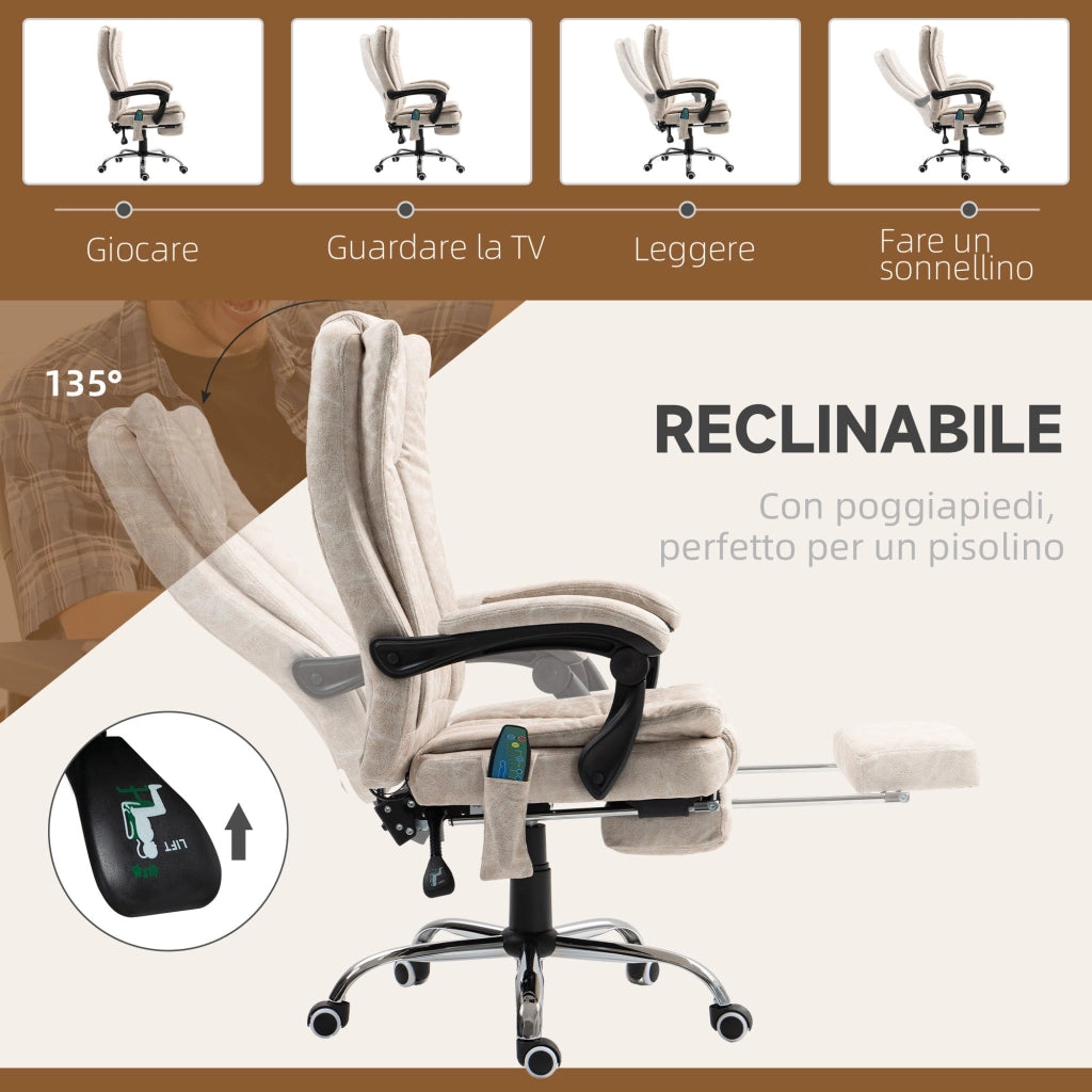 Sedia da Ufficio Presidenziale Massaggiante e Riscaldante 62x70x113-120 cm con Poggiapiedi Crema