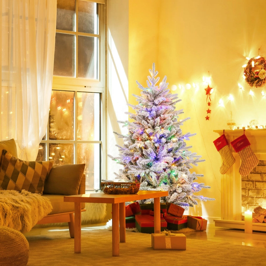 Albero di Natale artificiale rivestito di neve di 135cm, Albero decorativo con cerniera e 8 modalit¨¤ luminose-Alberi di Natale