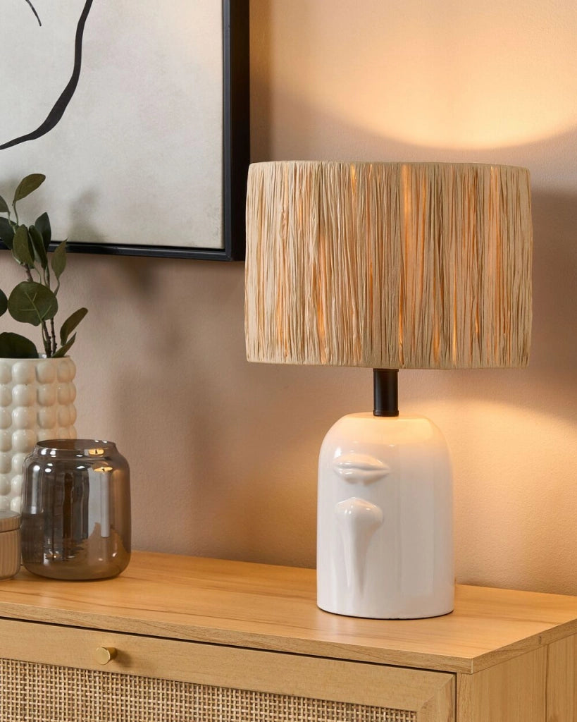Lampada da tavolo Base in ceramica bianca Paralume in carta naturale Luce da comodino