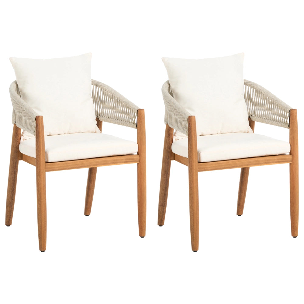 Set da giardino composto da 2 sedie con cuscini, in legno di acacia a doghe bianco stile moderno contemporaneo