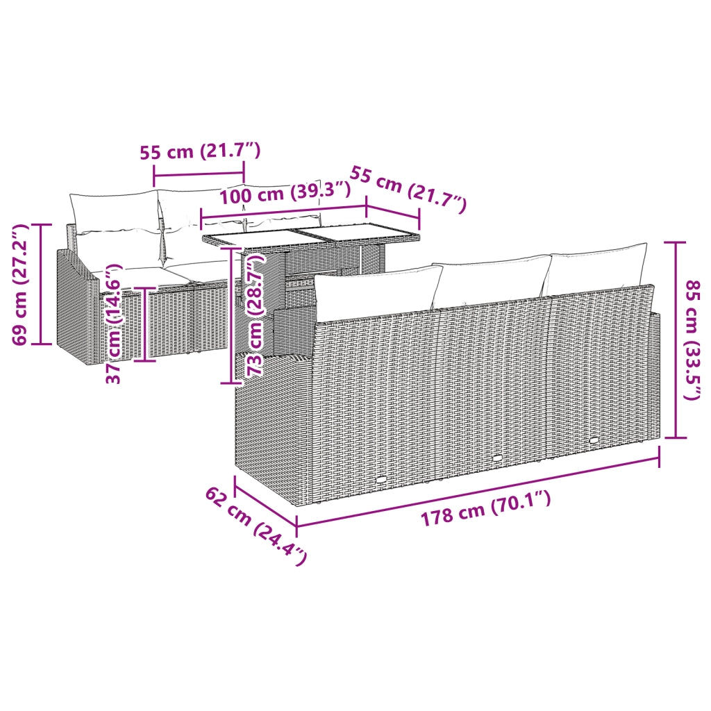 Set Divano da Giardino a 7 Pezzi con Cuscini Neri in Rattan Sintetico