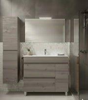 Mobile Bagno FENRIR Già Montato 2 cassetti e porta con piedini, lavabo e specchio Rovere affumicato 100x40 cm con colonna