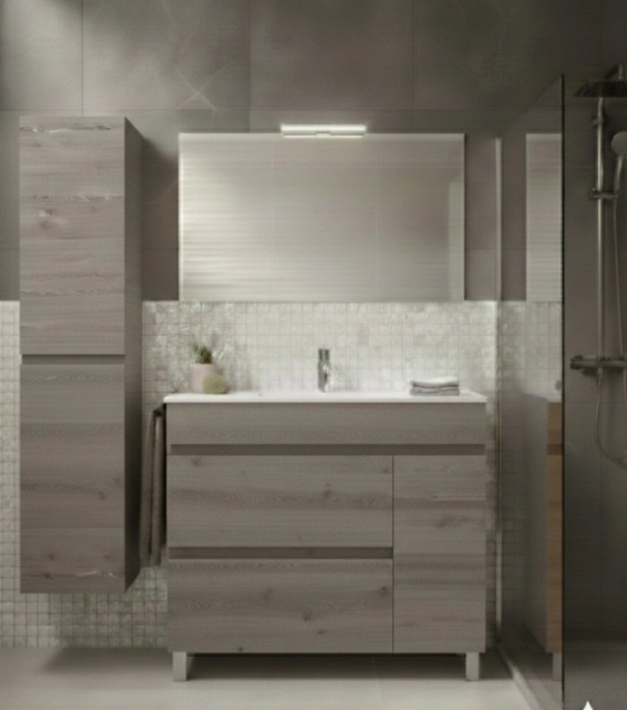Mobile Bagno FENRIR Già Montato 2 cassetti e porta con piedini, lavabo e specchio Rovere affumicato 100x40 cm con colonna