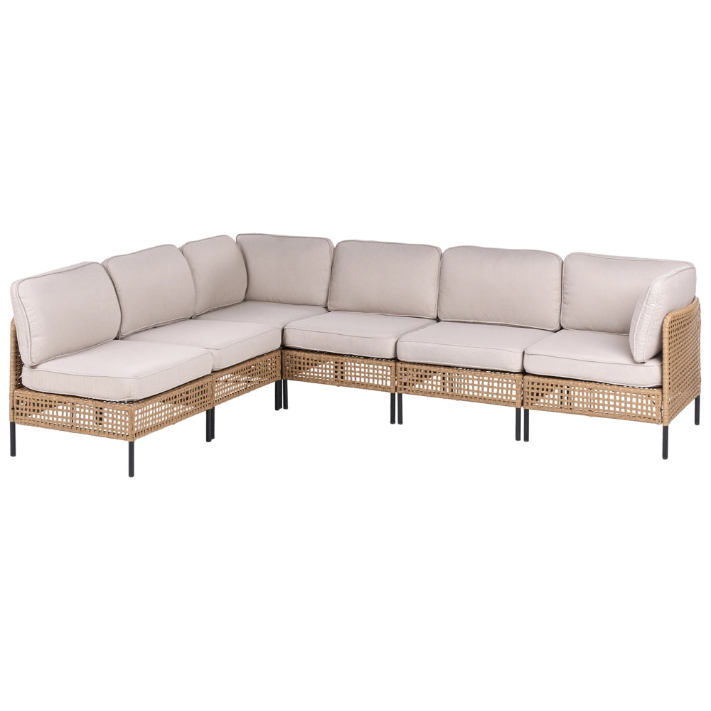 Divano angolare da giardino in rattan PE beige chiaro modulare a 6 posti con tavolino in vetro struttura in metallo con cuscini stile moderno