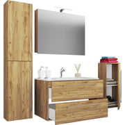 Completo Set5 pz Mobile sosp 2 casetti con Lavabo XL in ceramica incl 1 Colonna 1 mobile sosp e mobile specchio, Rovere