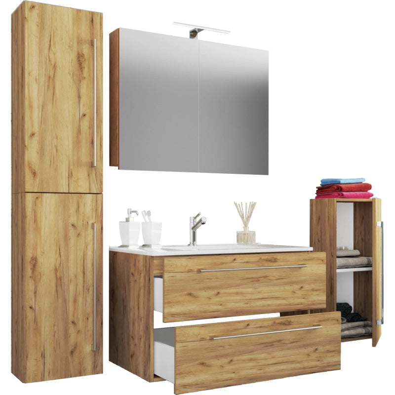 Completo Set5 pz Mobile sosp 2 casetti con Lavabo XL in ceramica incl 1 Colonna 1 mobile sosp e mobile specchio, Rovere