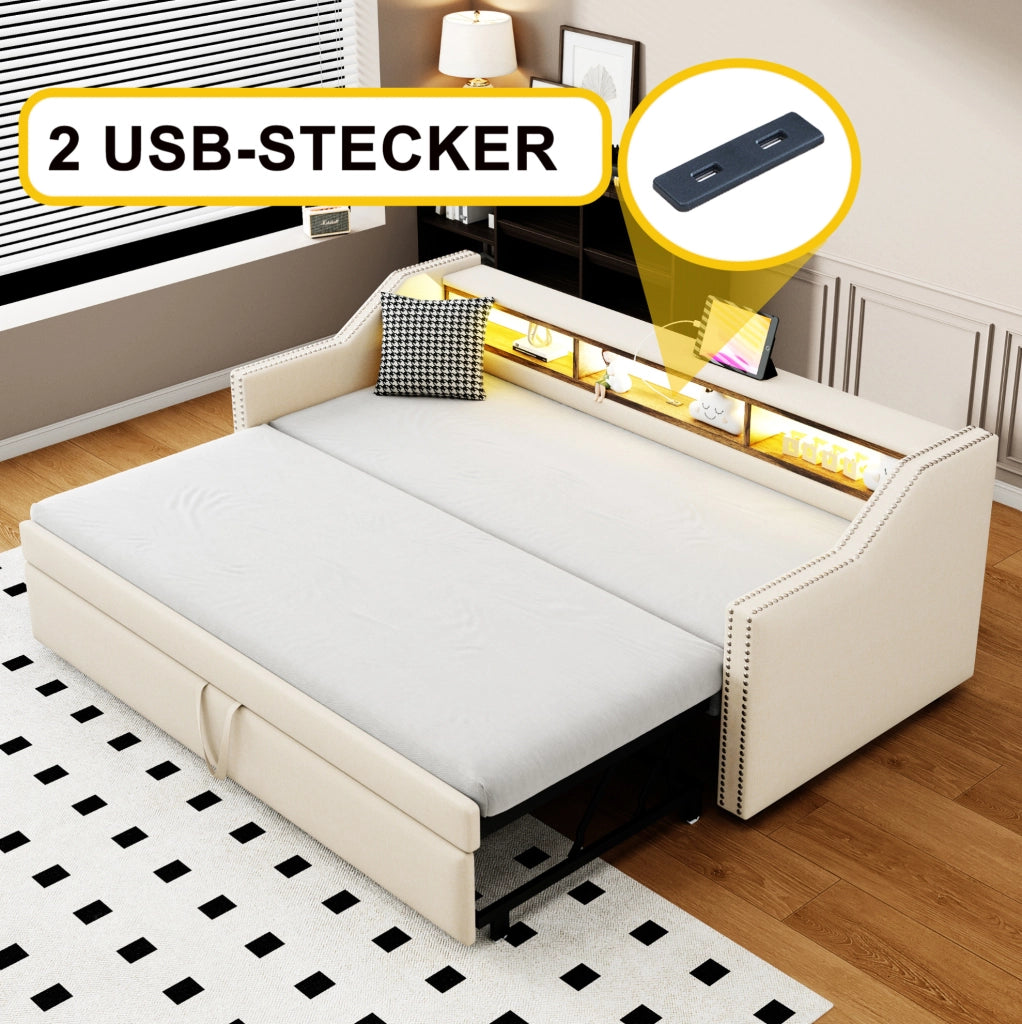 Divano letto estraibile imbottito 90/180x190 cm beige con LED e USB