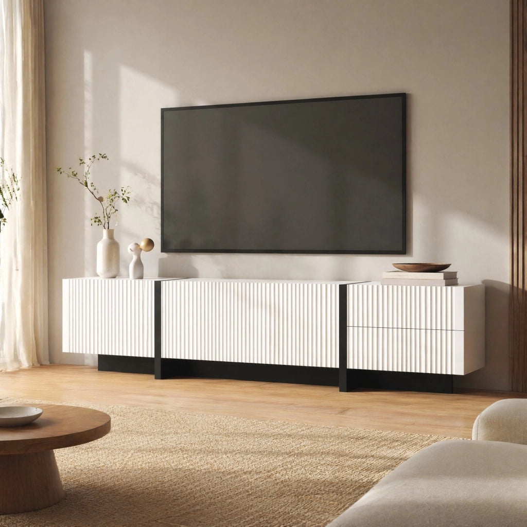 Mobile TV con 3 ante 2 cassetti e cerniere ammortizzate in MDF e pannello truciolare bianco e nero 190 × 35 × 45 cm