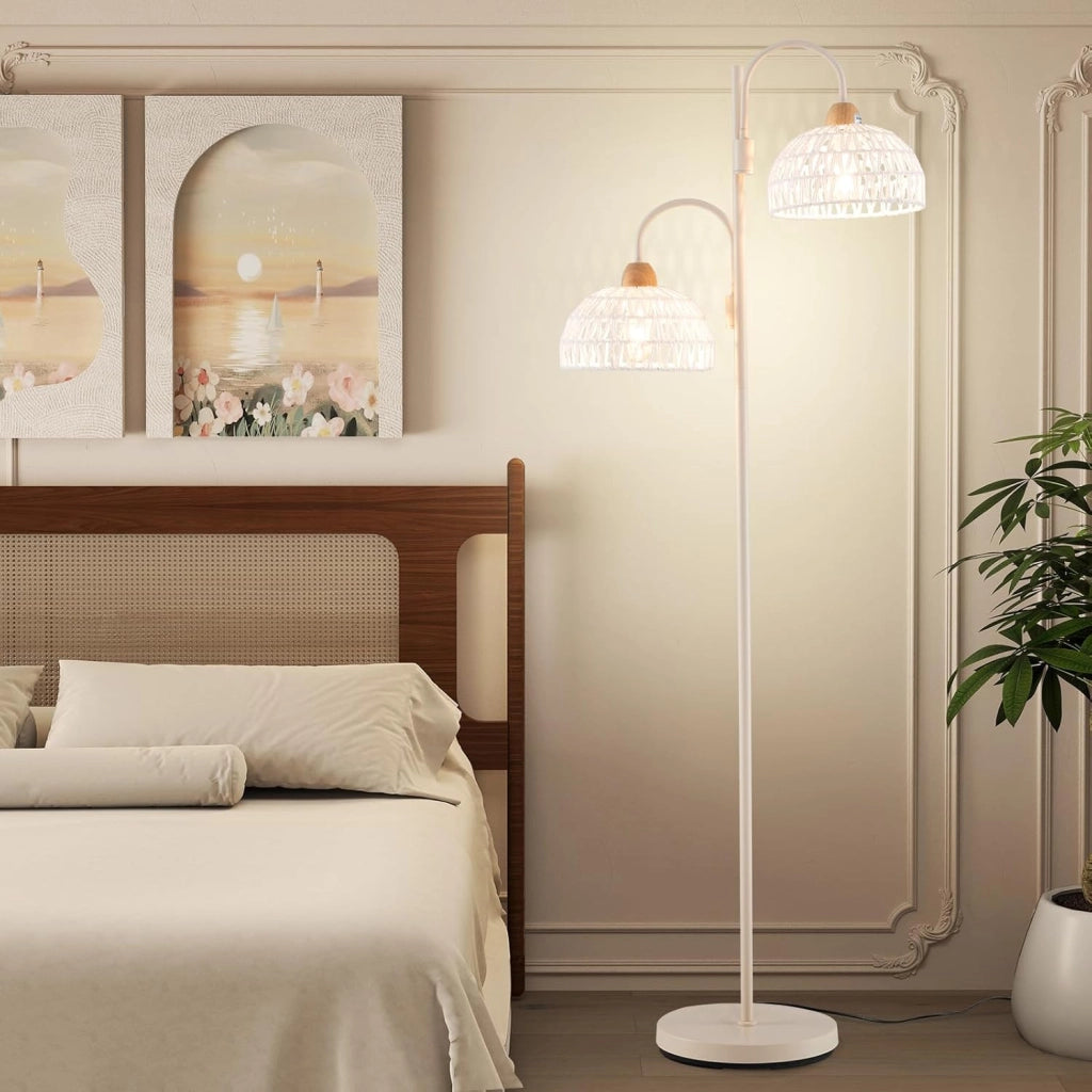 Lampada da Terra, Lampada Piantana da Terra Rotante a 350° con Interruttore a Pedale, Paralumi Intrecciati e 2 Supporti per Bulbi E27, Base Pesante e Stelo Metallico