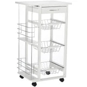 Carrello Isola da Cucina Salvaspazio in Legno di Pino, Carrello Portavivande con 4 Ruote Cassetto 3 Cesti Estraibili Portafrutta, Bianco