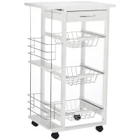 Carrello Isola da Cucina Salvaspazio in Legno di Pino, Carrello Portavivande con 4 Ruote Cassetto 3 Cesti Estraibili Portafrutta, Bianco