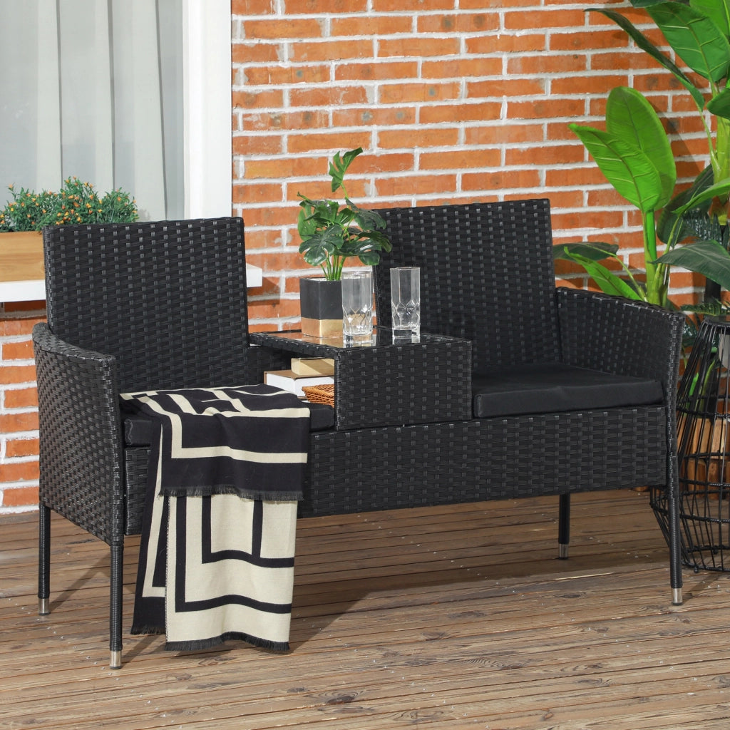 Divanetto per Esterni 2 Posti con Tavolino da Caff¨¨, in Acciaio e Rattan PE, 137x59x82 cm, Nero