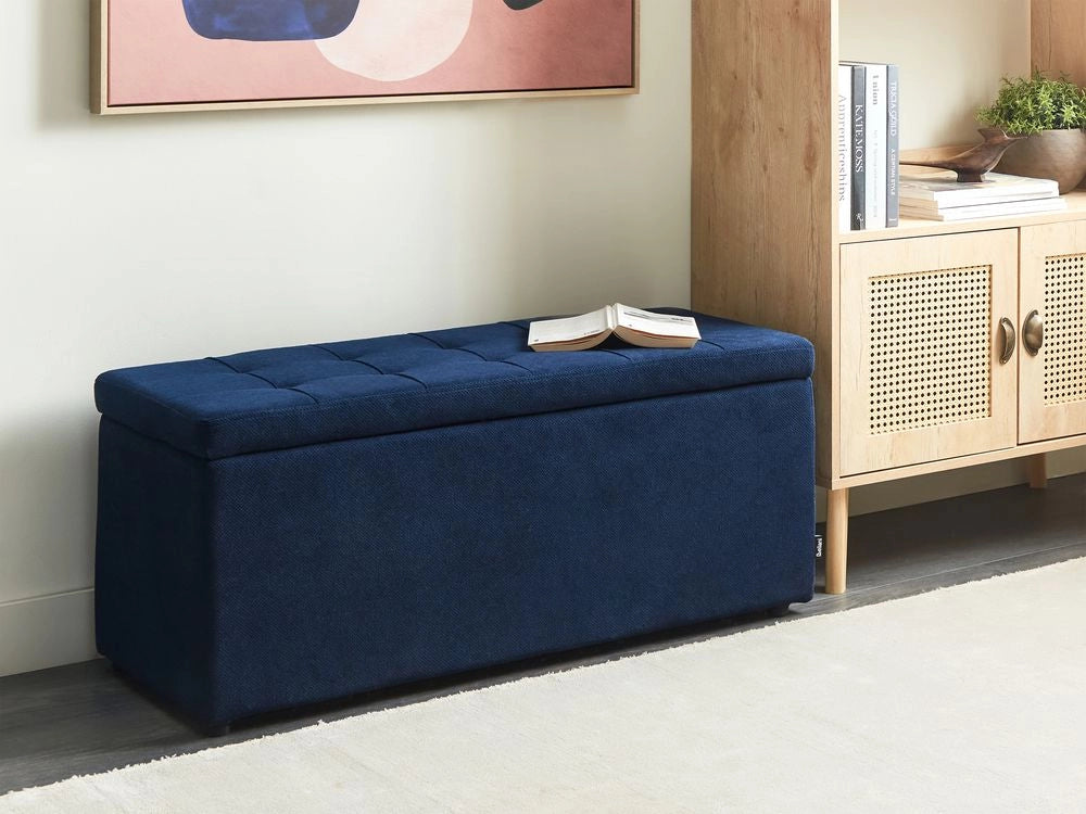 Ottomana Blu Marino 100 x 42 x 40 cm in tessuto poliestere Poggiapiedi imbottito Soggiorno Stile Moderno