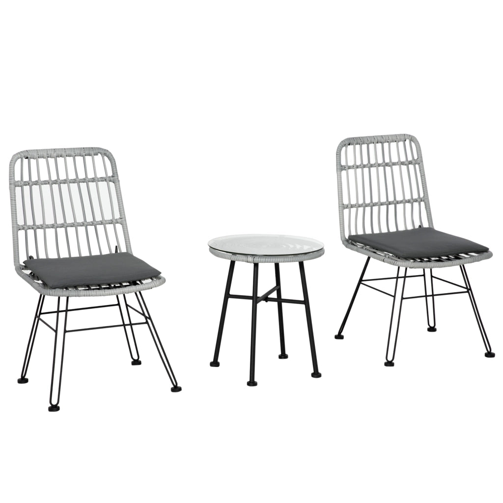 Set Bistr¨° Giardino 3 Pezzi ¨C Xylo ¨C Tavolino Vetro e 2 Sedie Rattan PE Grigio per Esterno