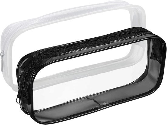 Etui trasparente per testetui in PVC trasparente con chiusura a cerniera, per la conservazione di utensili da toeletta, scrittura e cosmetici (nero e bianco) - 2 pezzi