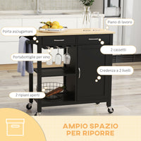 Carrello da Cucina Salvaspazio 89x40x84 cm con Cassetti Ripiani e Ruote in MDF e Legno Nero
