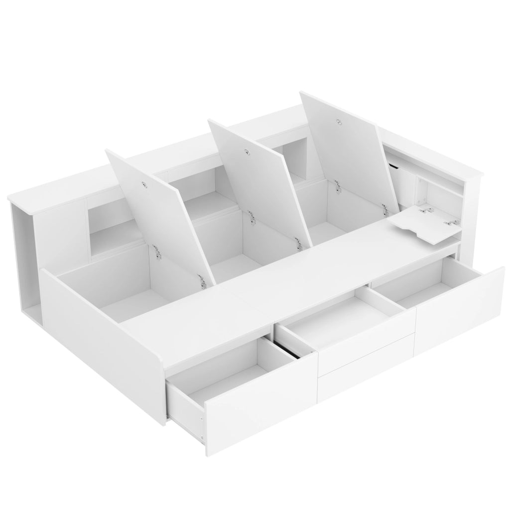 Letto per bambini 90x200 cm bianco con cassetti, libreria laterale e vani contenitore, senza materasso