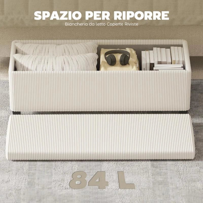 PANCA FONDO LETTO CON SPAZIO CONTENITORE DA 84L, IN TESSUTO EFFETTO VELLUTO A COSTE E ACCIAIO, 112X42X40 CM, BEIGE