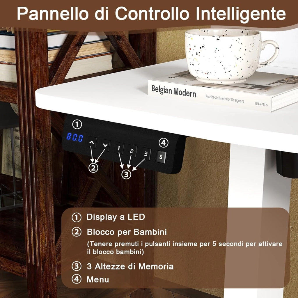 Scrivania Regolabile in Altezza con 2 Cassetti, Scrivania con Supporto per Monitor, Mensola, 2 Ganci e 3 Altezze Preimpostate, Tavolo da Lavoro per Ufficio, Studio e Camera da Letto (Bianco)