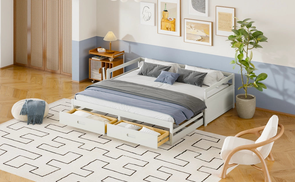 DESMIU Letto estraibile 90 × 200 cm 2 posti con 2 cassetti e rete estraibile, senza materasso, legno, bianco