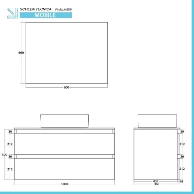 Mobile bagno sospeso 100 cm ossido e noce con top lavabo e specchio Kleo
