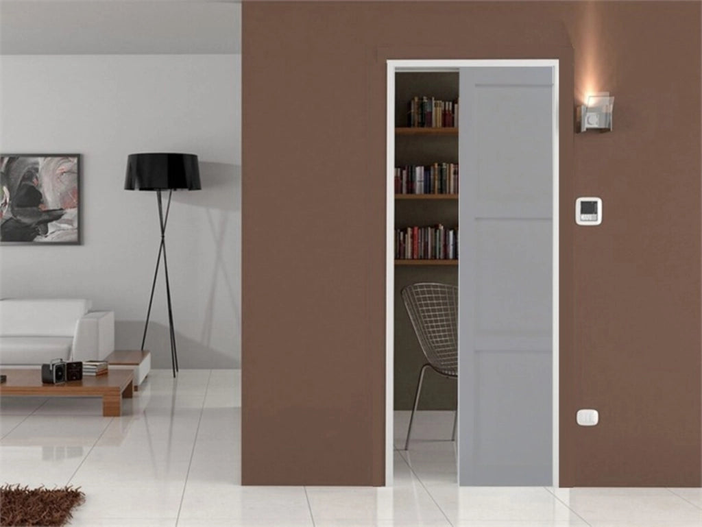 Porta scorrevole a 3 pannelli grigio chiaro H204 x L73 + sistema di piegatura e rivestimento in dotazione senza maniglia