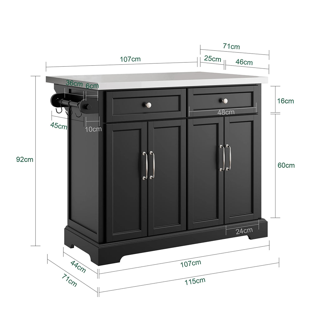 SoBuy | Isola cucina pieghevole nera | Carrello da cucina a 4 ruote | Cucina a penisola con 4 ante | 115.0x71.0x92.5 cm | Capacità di carico 78 kg | FKW71-II-SCH
