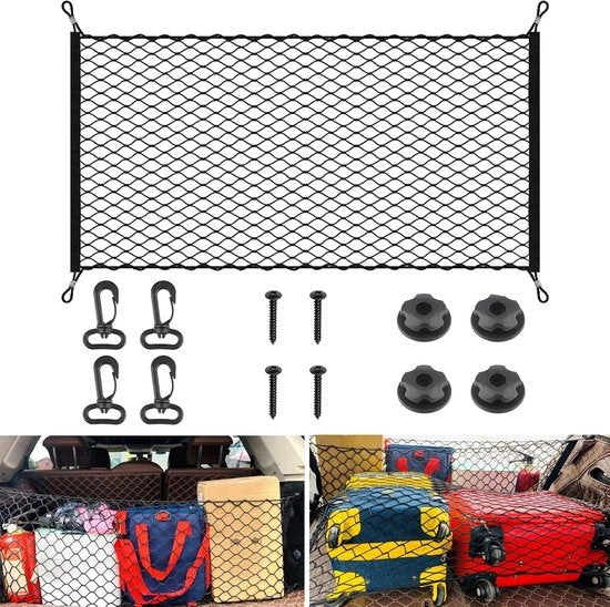 Retrometro per auto, 140 x 100 cm, rete elastico per bagagliaio, auto, rete per bagagliaio, rete per bagagli, adatto a tutti i veicoli con 4 anelli di sicurezza, 4 anelli di sicurezza, 4 viti