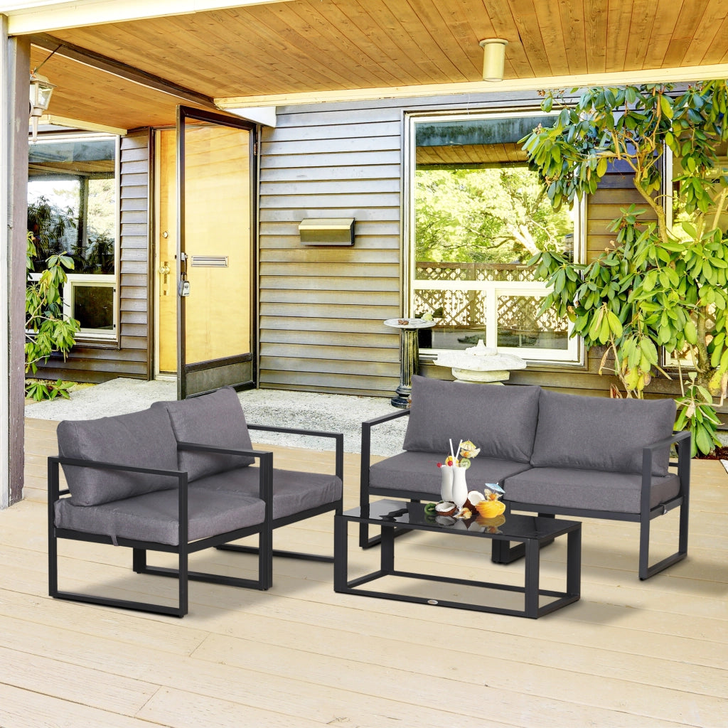 Set di mobili da giardino a 4 pezzi; divano con cuscini e tavolo con riporto; grigio poliestere; 138 x 69 x 63 cm