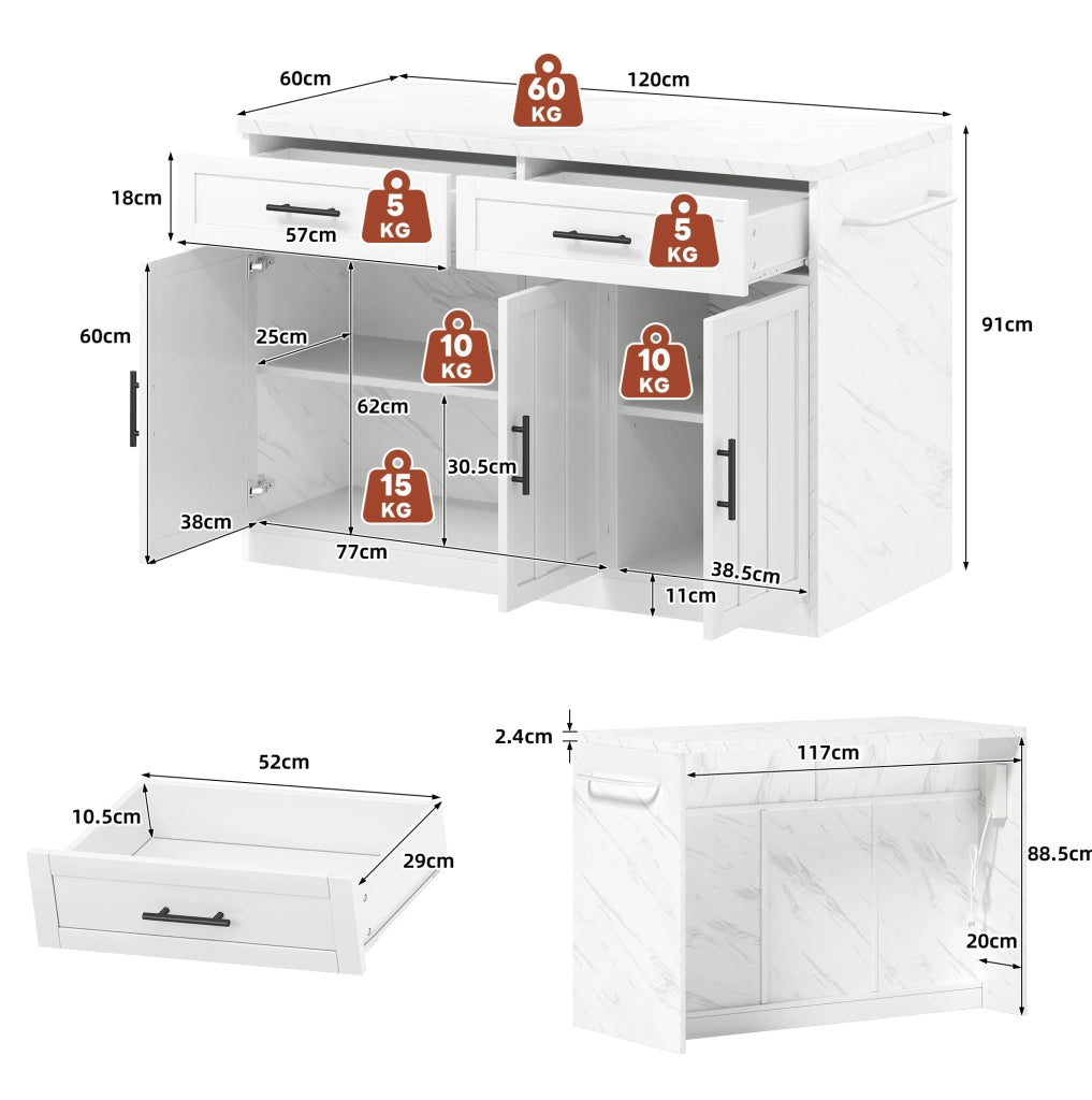 Isola da cucina 120x60x91 cm con zona bar; ripiani regolabili in MDF bianco