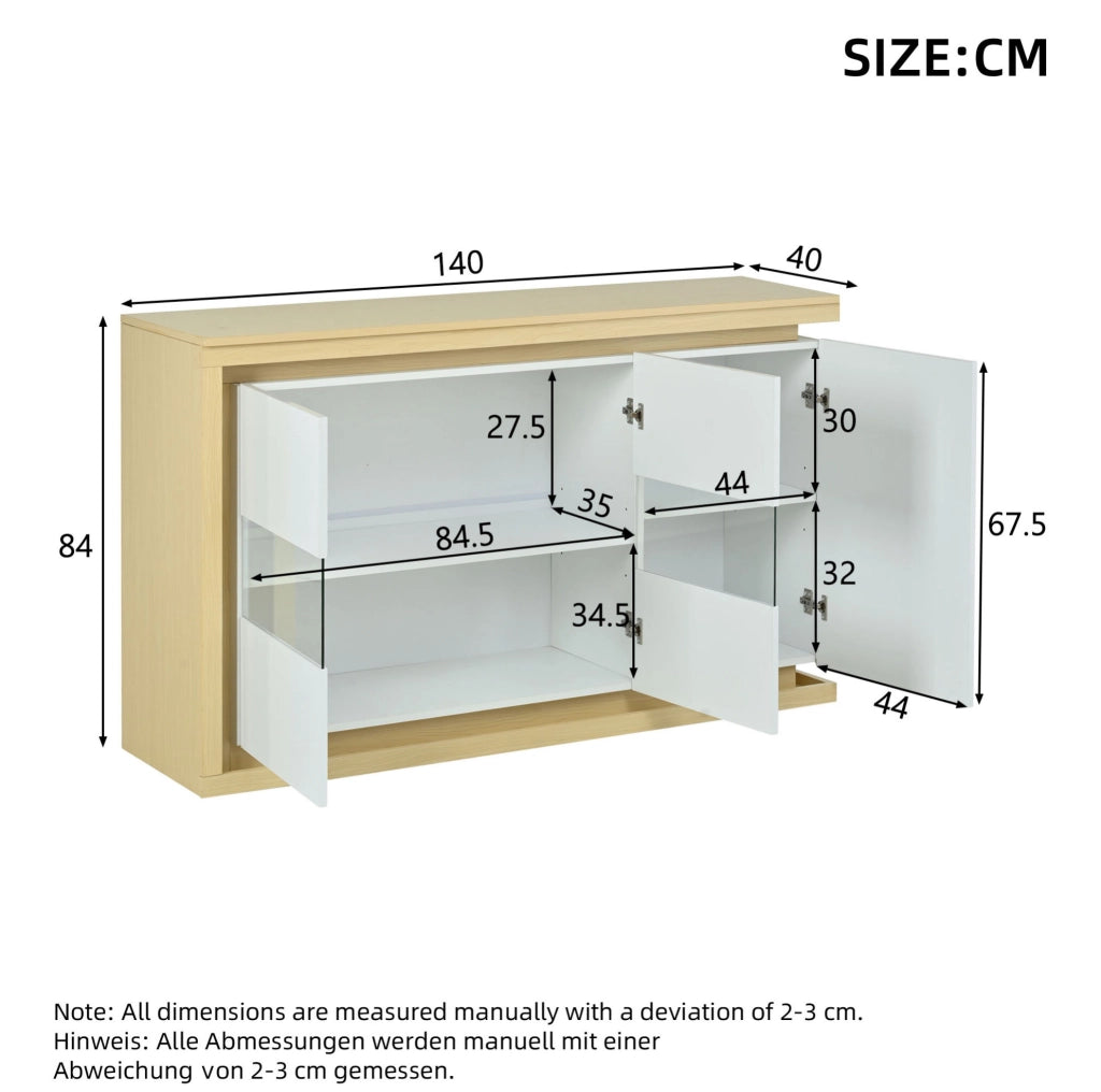 Credenza 140x40x84 cm con LED, vetro temperato e 3 ante