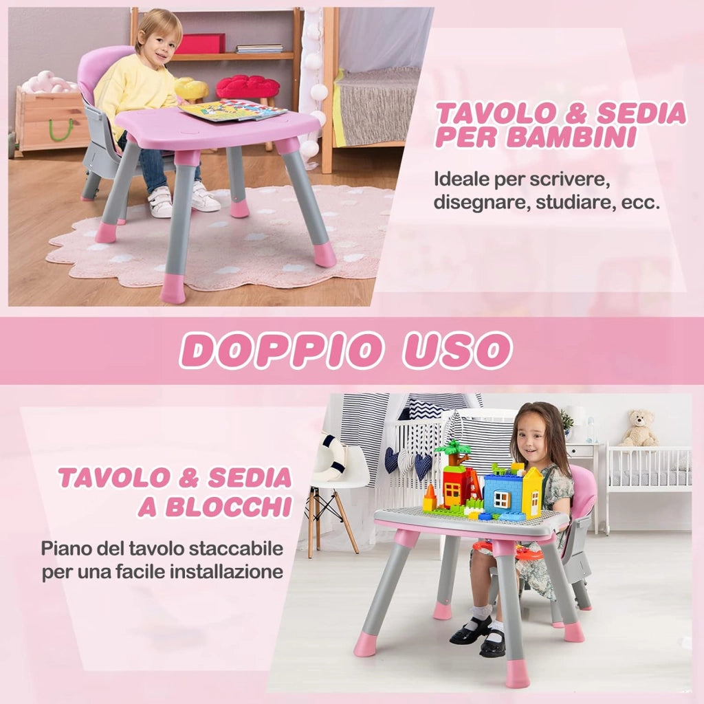 Seggiolone Pappa per Bambini 6 in 1, Seggiolone per Neonati Convertibile, Tavolo per Costruzioni per Bambini, con Imbracatura a 5 Punti, per Bambini da 6 Mesi fino 3 Anni (Rosa)