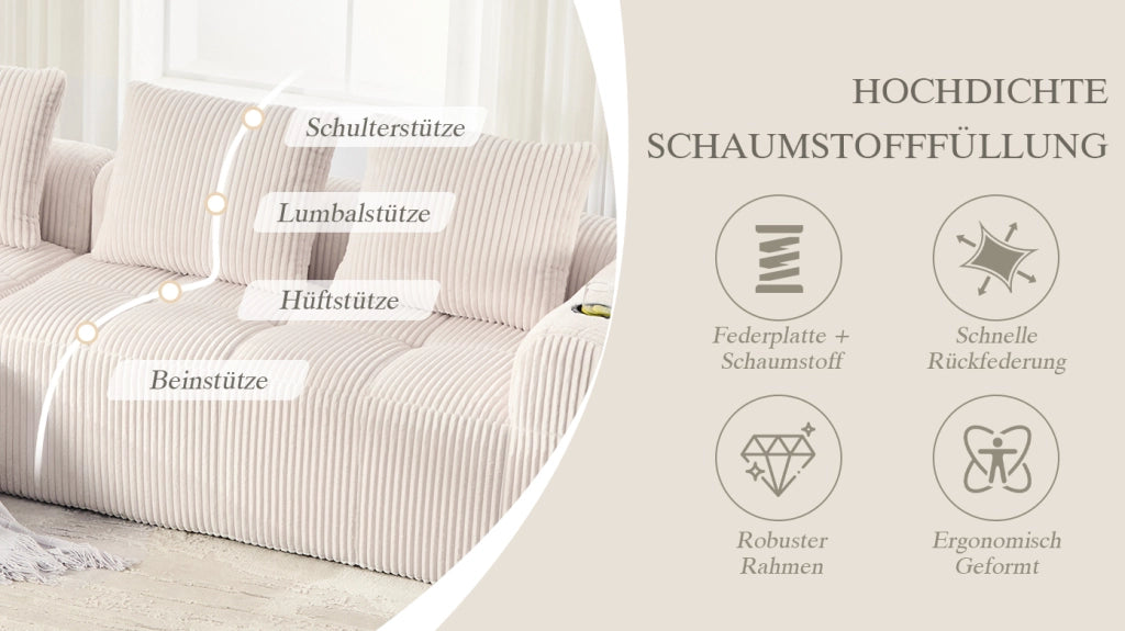 Divano Compatto in Tessuto a Coste con Cuscini ¨C MINIMAL ¨C Beige, Morbido, Modulare