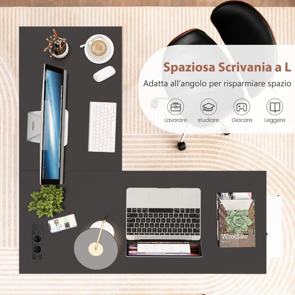 Scrivania Angolare da 120 CM, Scrivania a L per Ufficio a Casa con Prese di Corrente e Porte USB, Postazione di Lavoro con Ripiani per Lavoro, Gaming e Studio (Nero)
